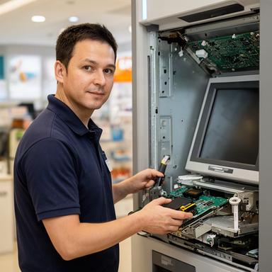 Lead ATM technician reviewing a diagnostic panel beside an NCR machine in Singapore